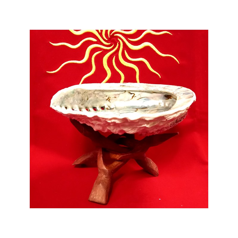 INTRECCIO IN LEGNO PORTA SFERA E CONCHIGLIA DI ABALONE